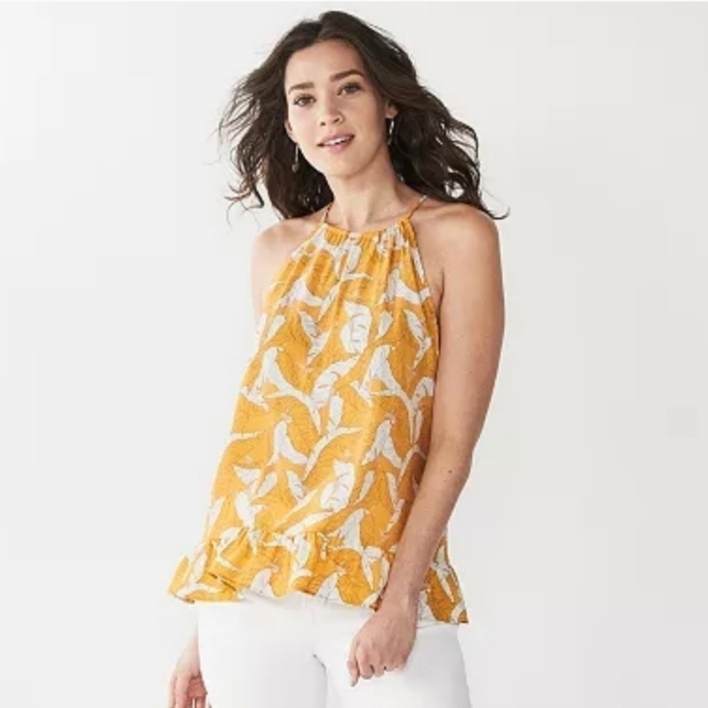 Nine West Yellow Leaf Print Sleeveless Blouse Tank XL